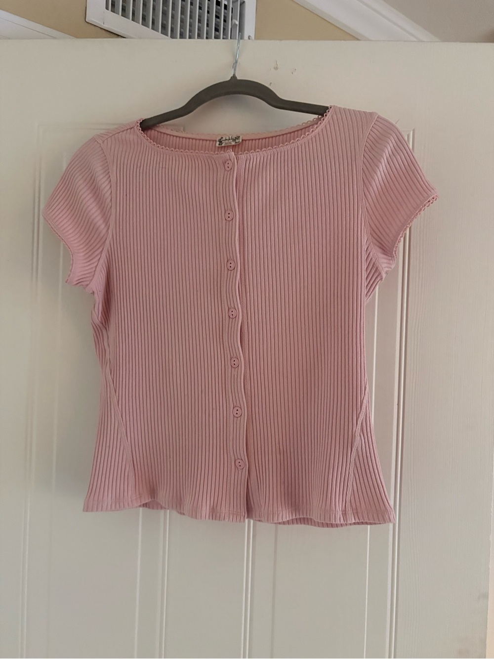 Free People Pink Ribbed Button-Front Short Sleeve Top